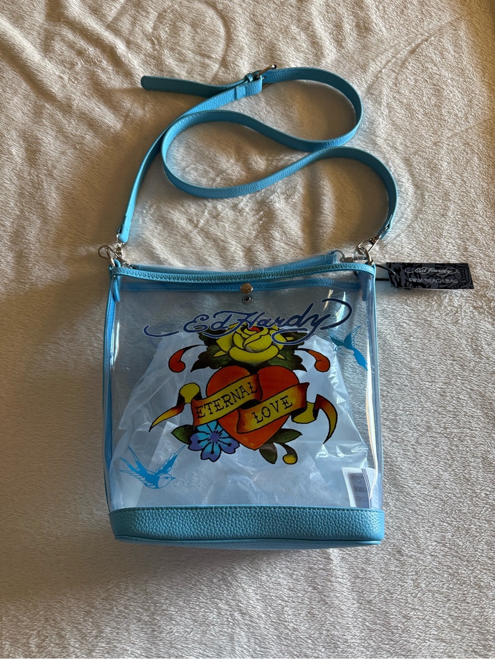 ED HARDY swim Beach Bag ETERNAL LOVE blue Heart Flowers 2 Straps NWT